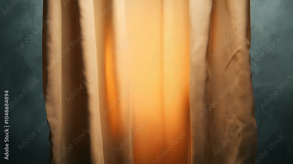 Poster the image shows a close-up of a light brown curtain with a grid pattern, partially open to reveal a 