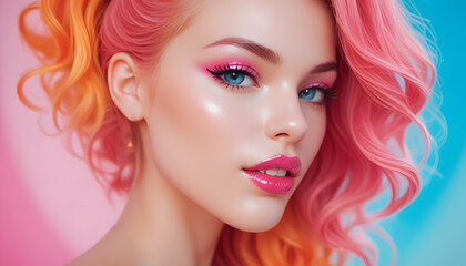 Fototapeta premium Vibrant beauty portrait with colorful hair and makeup in trendy pastel tones