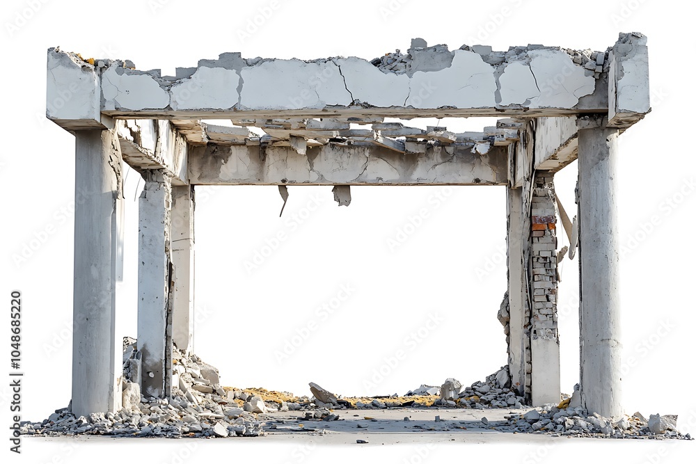 Poster a partially collapsed concrete structure with exposed materials and debris.