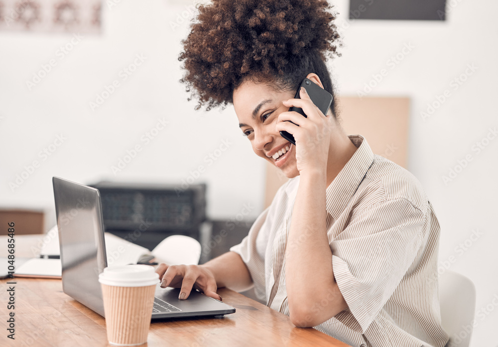 Poster laptop, phone call and smile of remote work woman at desk in home office for communication. coffee, 