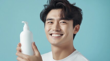  happy man holds a white plastic bottle in front of his face , shampoo advertisement