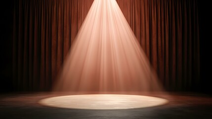 A spotlight shines on a bare stage with dark red curtains in the background.