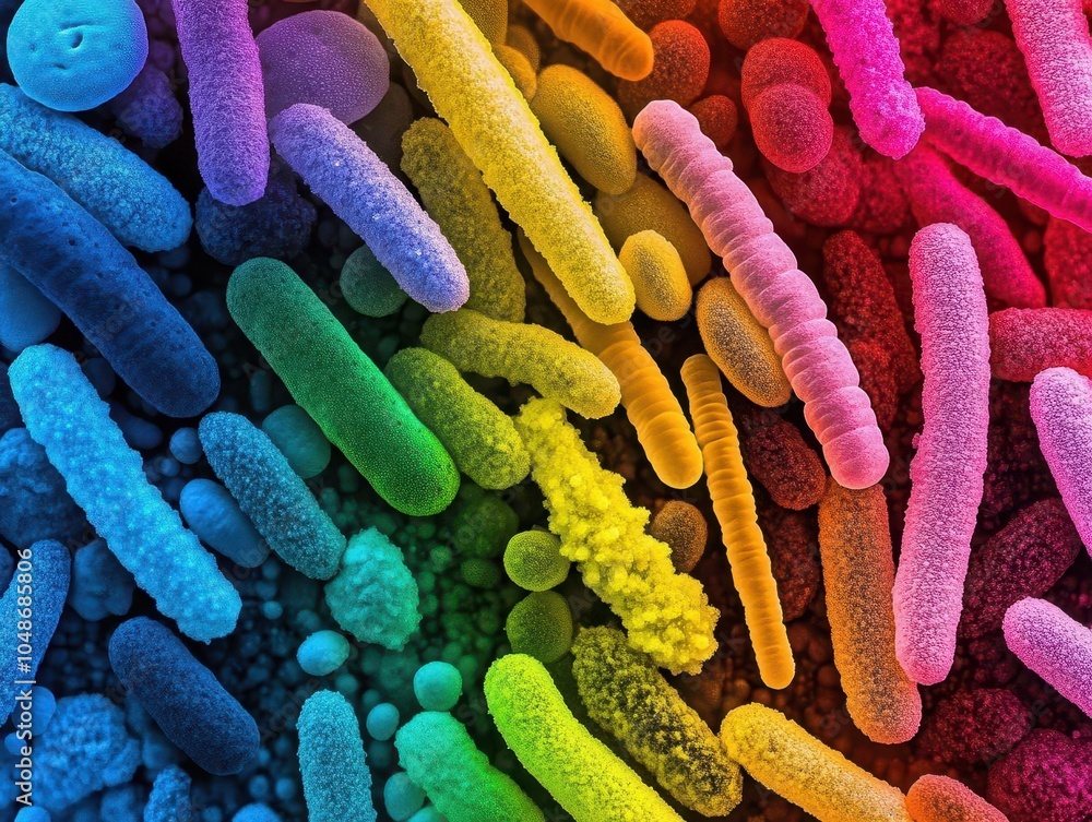 Poster microscopic view of probiotics bacteria in a vibrant color palette, illustrating the complexity of d