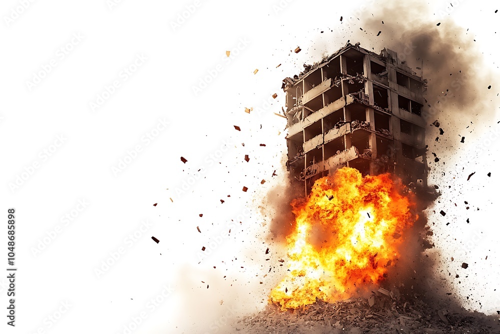 Poster a building collapsing with an explosion, showcasing destruction and chaos.