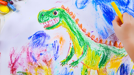 A simple, fun drawing of a dinosaur for kids, with a rounded body, big eyes, short legs, and a friendly smile. 