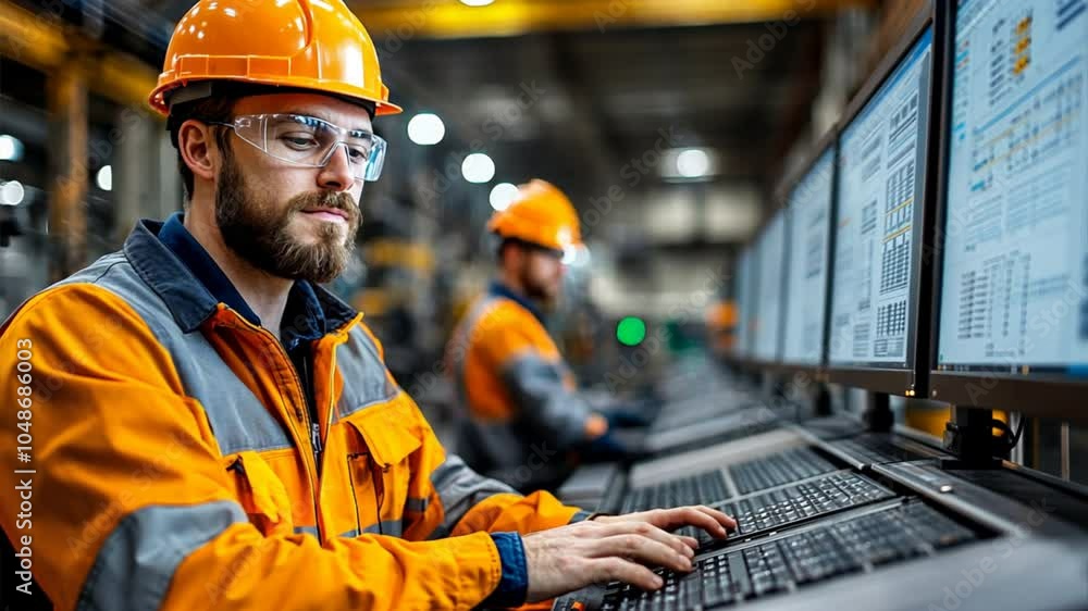 Aufkleber factory worker monitoring production: focused industrial worker operating computer in modern factory