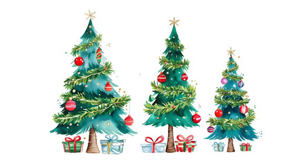 Hand drawn watercolor Christmas trees decorated with toys, garlands and snowflakes.