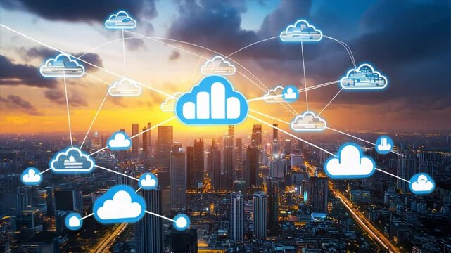 Aerial view of a city skyline with glowing lines representing cloud data flow and connectivity across buildings and infrastructure	
