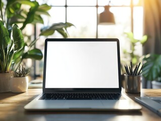 Fototapeta premium mockup of a sleek laptop with a blank white screen, positioned on a modern home office desk, ideal for showcasing websites or digital designs