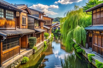 Obraz premium Traditional Wooden Houses and Willow Trees Along Shirakawa Canal in Gion, Kyoto, Japan - Minimalist Photography