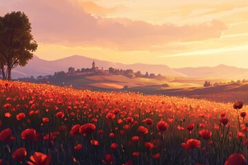 A field of poppies at sunrise, peaceful and serene, with a distant city in the background