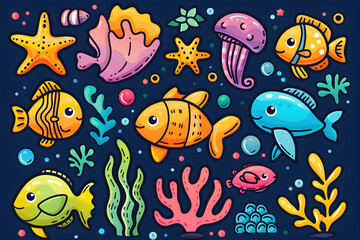 Fototapeta premium Colorful cartoon illustration of various sea creatures and marine life on a dark blue background.