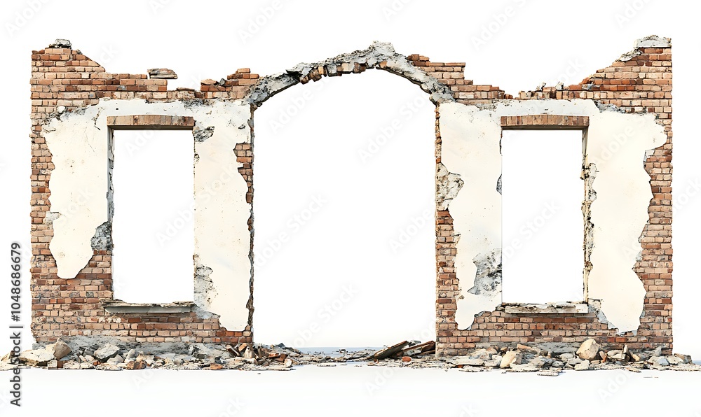 Poster a weathered brick wall with arched opening and two empty window frames.