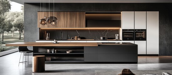 Modern kitchen with black and white cabinets, an island table in the center of which is placed on wood, next to it there are cooking utensils and pots and pans, behind them you can see wooden shelves