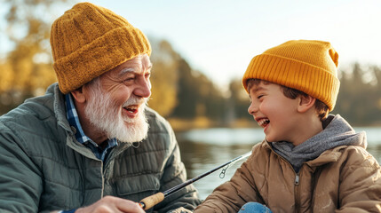 Fototapeta premium Fishing together, joyful grandfather and grandson share laughter by serene lake. Their warm hats and smiles reflect cherished moment of connection and happiness