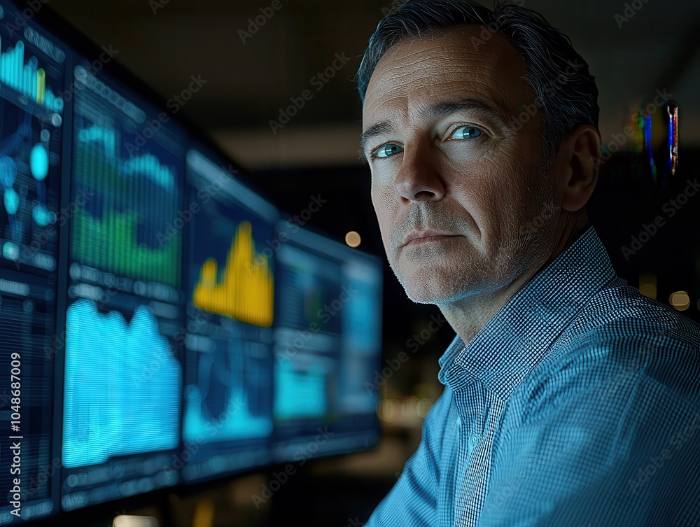 Poster a focused man looks at data visualizations on multiple screens, highlighting analytics and technolog