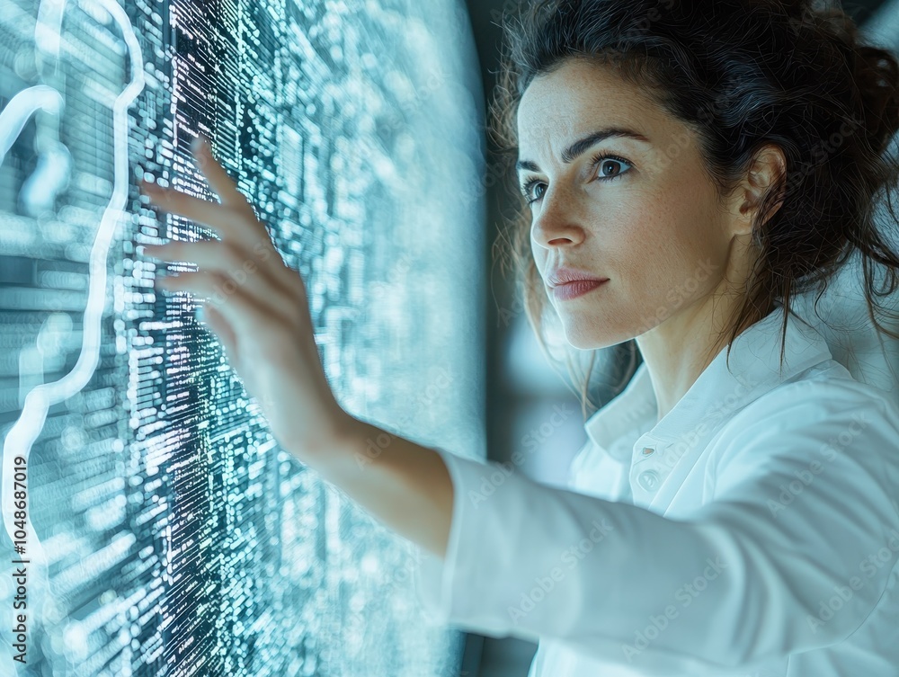Poster a woman interacts with a digital display, showcasing advanced technology and data visualization.