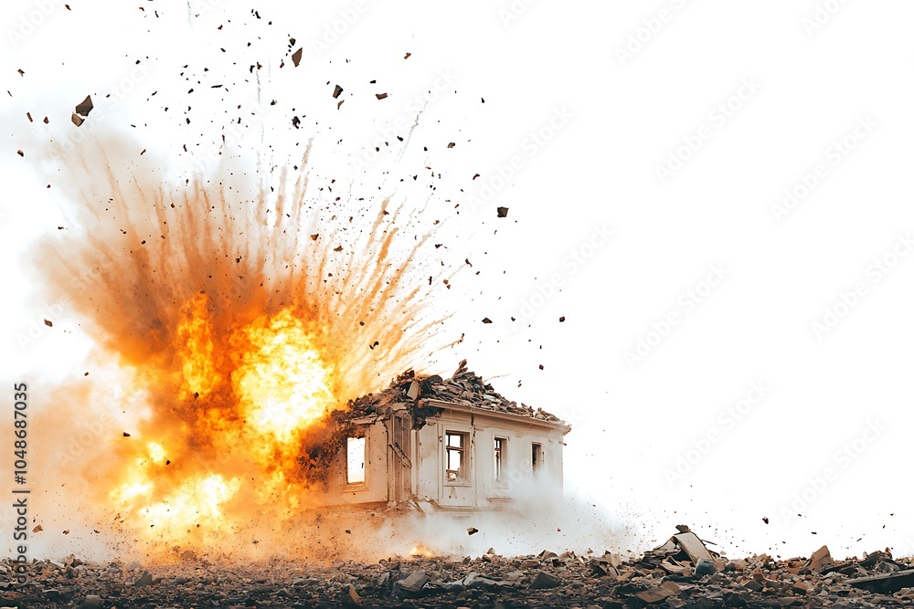 Poster a building undergoing demolition, creating a large explosion and debris cloud.