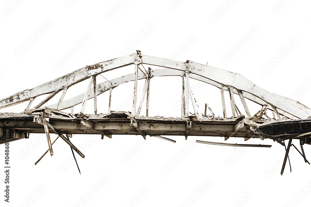 Poster a dilapidated bridge structure with visible decay and damage against a white background.