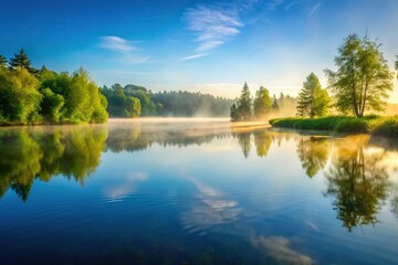 Obraz premium A serene lake on a warm summer morning with mist rising from the water surface, summer, morning, tranquility, lake
