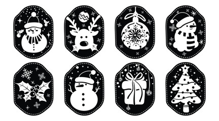 Set of isolated Christmas and New Year label in cute doodle style on transparent background. Volume 1 : Black silhouette.