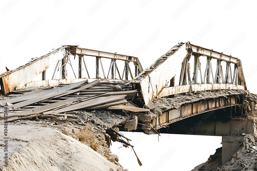 Poster a collapsed bridge showcasing structural failure and decay.