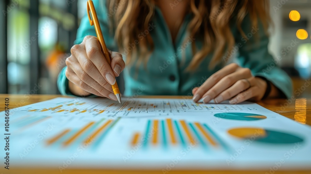 Poster a woman analyzing graphs and charts while writing notes, showcasing productivity and focus in a brig
