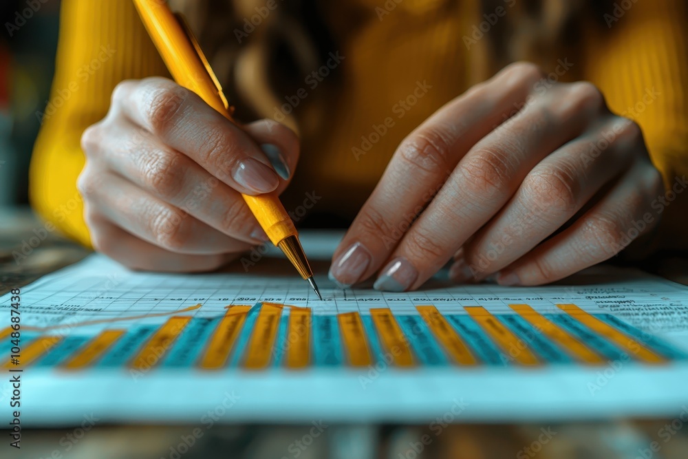 Poster a person is analyzing data on a chart while holding a pencil, focusing on detailed work against a te