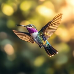 Fototapeta premium Hummingbird in flight, showcasing brilliance against green forest scenery.