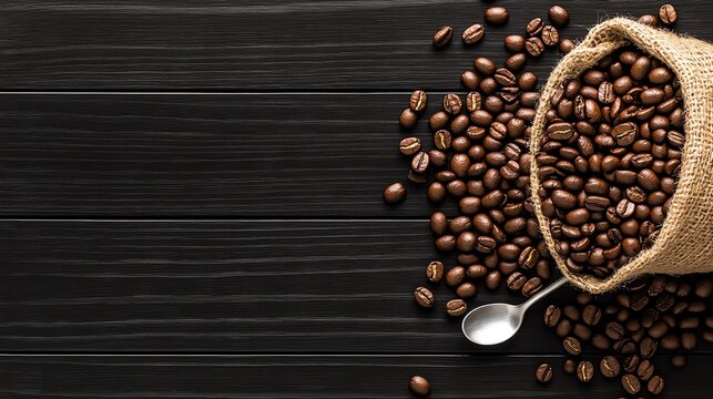 Coffee beans in a burlap bag on a wooden surface