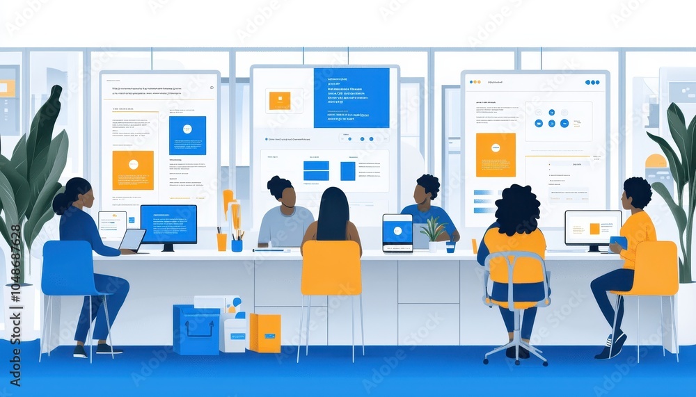 Poster a modern office scene featuring diverse individuals collaborating around a table with laptops and di