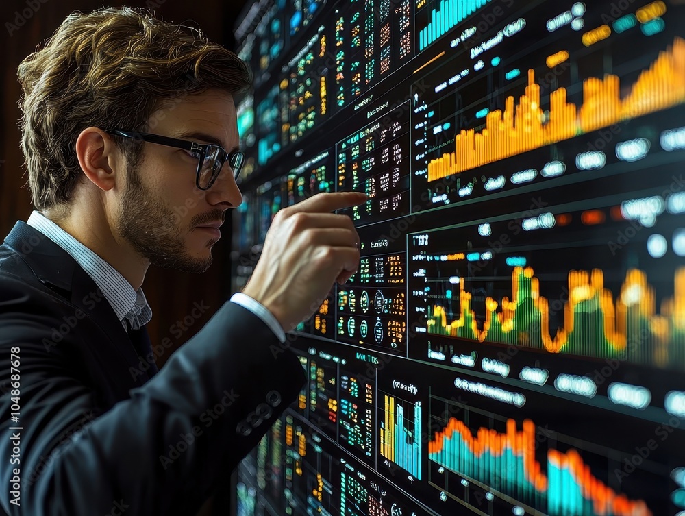 Poster a focused individual analyzes digital financial data and charts on multiple screens, showcasing a hi