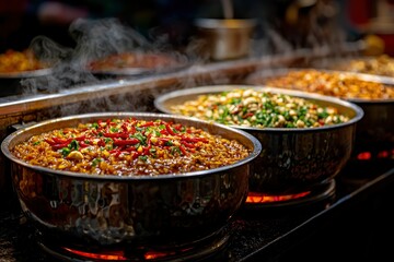 Obraz premium Steaming Bowls of Spicy Asian Food with Red Chili Peppers