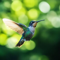 Fototapeta premium Green forest serves as a beautiful backdrop for hummingbird's flight.