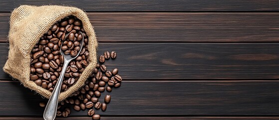 Coffee beans in burlap sack, wooden surface
