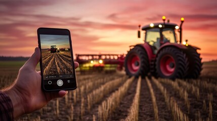 Smart farming technology: hand holding smartphone to control modern tractor in agricultural field for precision farming solutions and sustainable crop management
