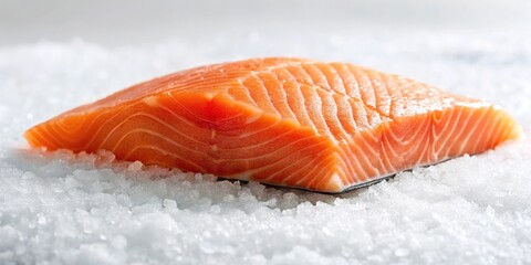 A single salmon fillet lies on a snowy white surface, its flesh glistening with visible slime drips, kitchen, dripping