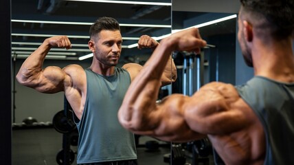 Man flexing biceps in gym mirror showing toned muscles