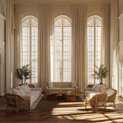 A bright and airy living room featuring large windows, soft furnishings, and natural elements. space is elegantly designed with cozy atmosphere, perfect for relaxation