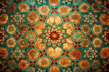 Intricate Mosaic Pattern of Stylized Heptagons in Rich Turquoise and Vibrant Color Palettes
