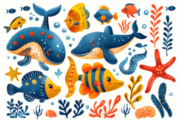 Fototapeta premium A colorful set of cartoon underwater creatures and plants including whales, fish, seaweed, a starfish, and coral.