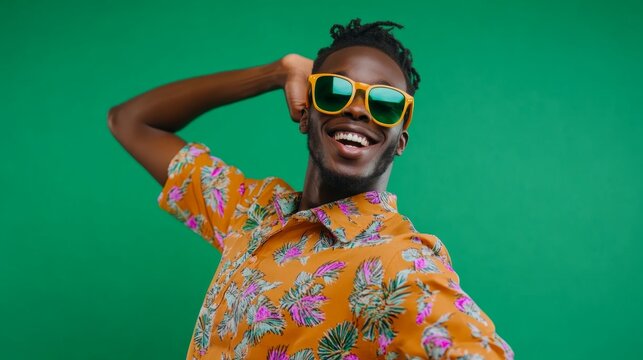 An energetic performer with bright sunglasses striking a pose with a playful grin.