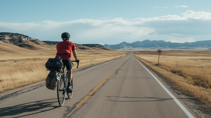 Cyclist rides empty road stretching endlessly under vast horizon isolated landscape. AI generated