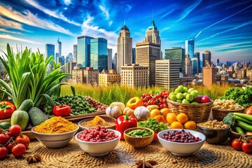 Fototapeta premium Urban Exploration of Vitamin Nutrition from Organic Fruits and Wholegrain Cereals for a Healthy Diet