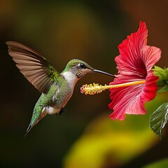 Fototapeta premium Macro photography reveals hummingbird feeding on bright red hibiscus.