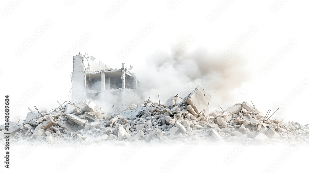 Poster a scene of destruction featuring rubble from a collapsed building with dust clouds.
