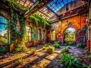 Fototapeta premium Urban Exploration: Vibrant Colors in Abandoned Spaces Captured in Unique Perspectives