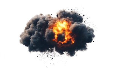 A dramatic explosion cloud with fiery orange and black smoke against a white background.