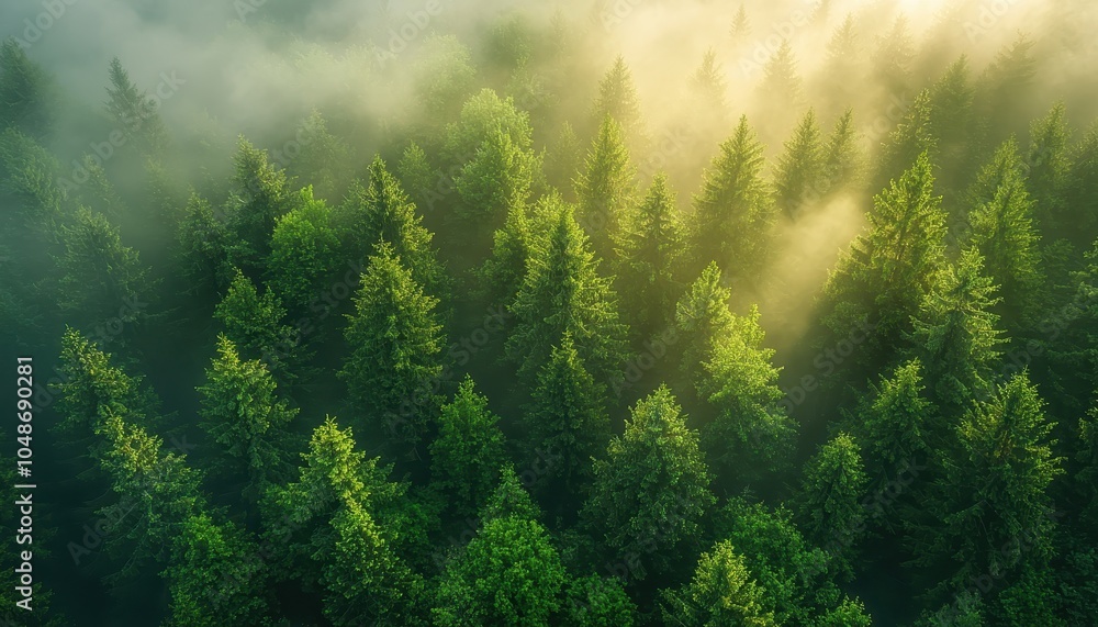 Poster lush green coniferous forest with mist and soft light streaming through the trees, creating a serene