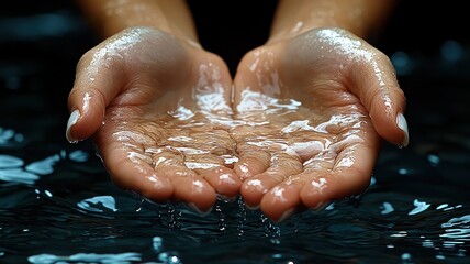 Fototapeta premium A pair of hands cupping shimmering water, symbolizing purity, connection, and the flowing nature of life.
